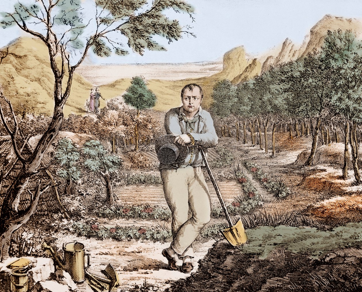 Trädgårdsmästaren av St Helena - Napoleon i exil på St Helena, gravyr av Unknown artist