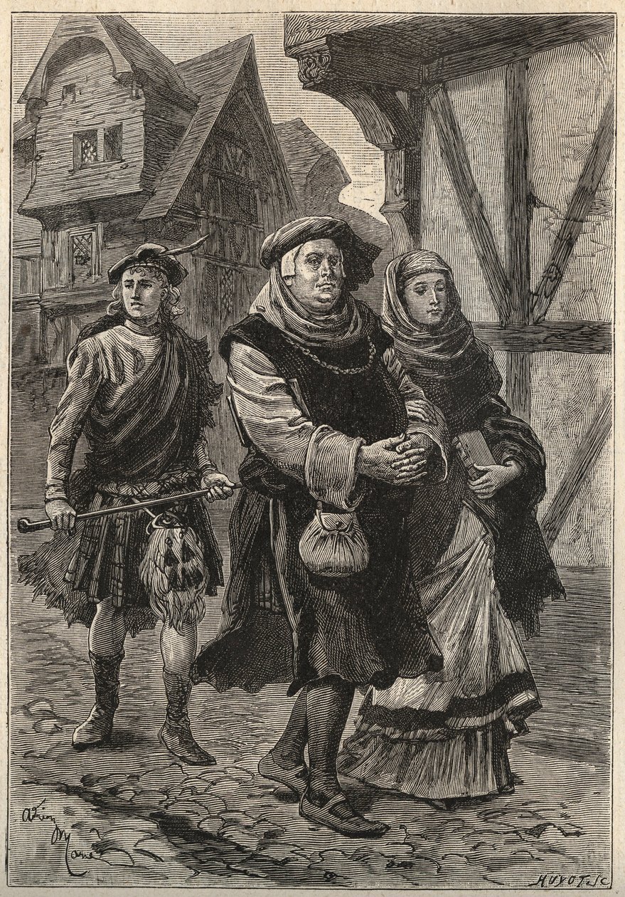 The Gartier (The Glover) som följer med sin dotter till kyrkan - 1800-talsillustration till den historiska romanen "The Pretty Girl of Perth or Valentine