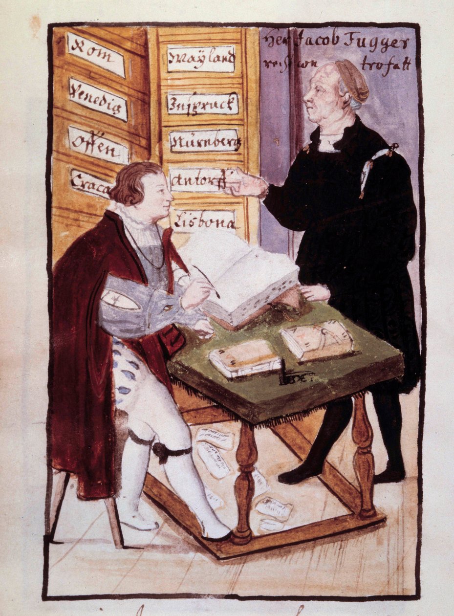 Den tyske bankiren Jacob Fugger (1459-1525) på sitt kontor (Goldene Schreibstube) med sin tyske revisor Matthaus Schwarz (1497-cirka 1574) 1500-talets akvarell. BN, Paris av Unknown artist