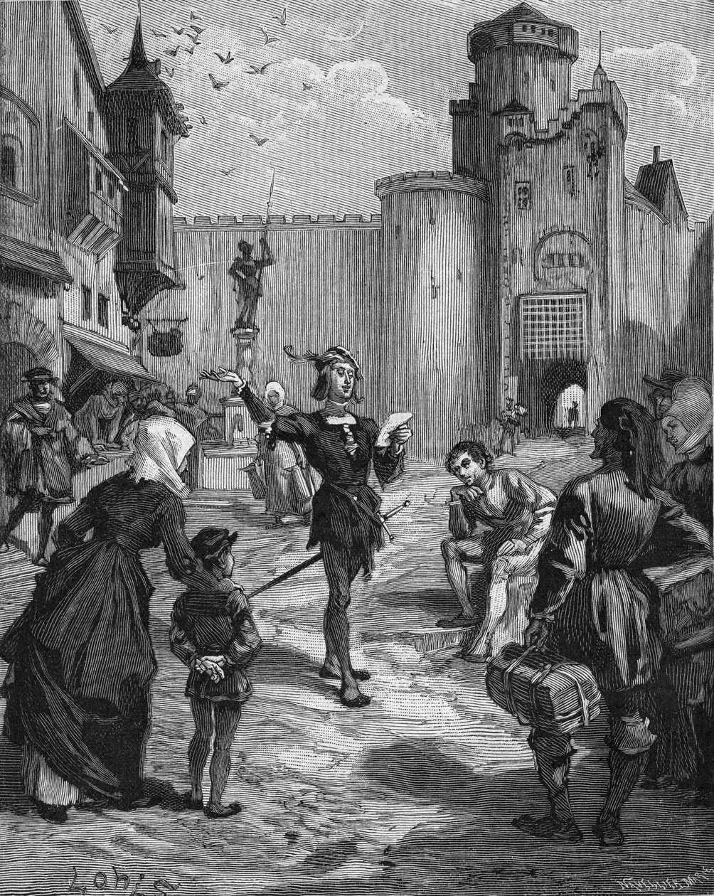 Den tyske riddaren, poeten och humanisten Ulrich von Hutten (1488-1523) deklamerade en av sina dikter på gatan. Gravyr av 1800-talet. I "Histoire de France" av Jules Michelet av Unknown artist