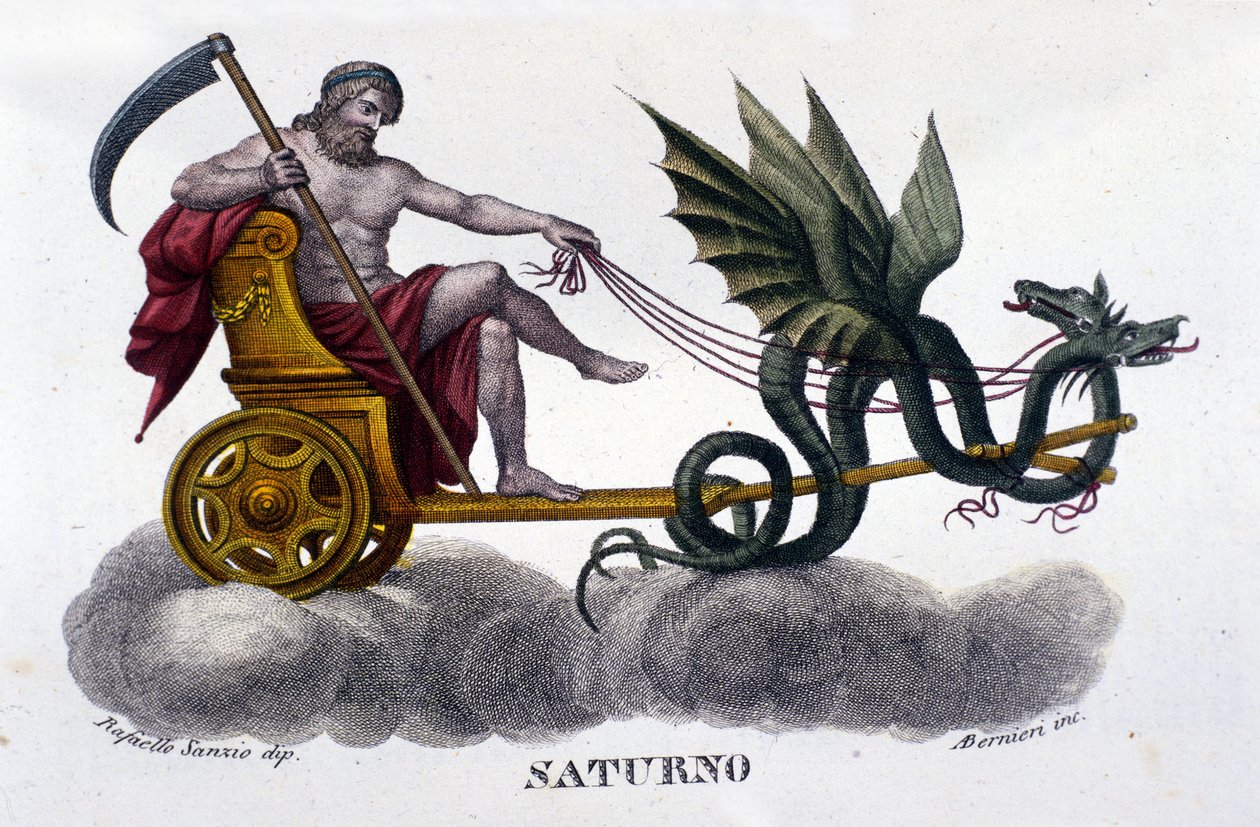 Guden Saturnus (eller Cronos) på en stridsvagn avfyrad av två drakar. Från en illustration av Raffaello Sanzio. Gravyr av 1800-talet. av Unknown artist