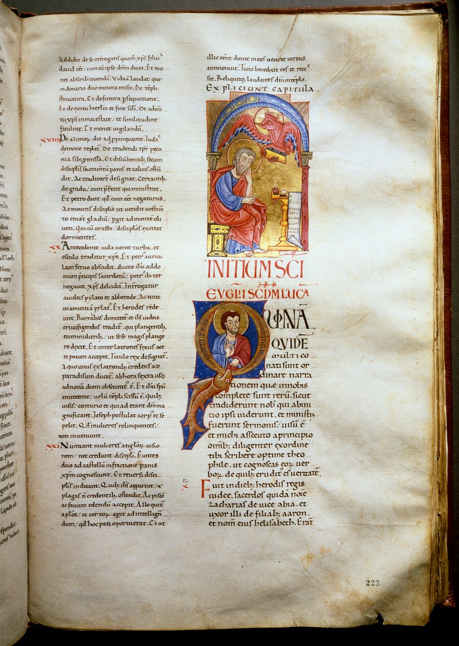 Evangeliet om Sankt Lukas representerar med tjuren Page en upplyst bibel (Ms.721-Foglio 223r.) från början av 1100-talet. Dämpa. 52,5x36 cm Rom, Biblioteca Casanatense av Unknown artist