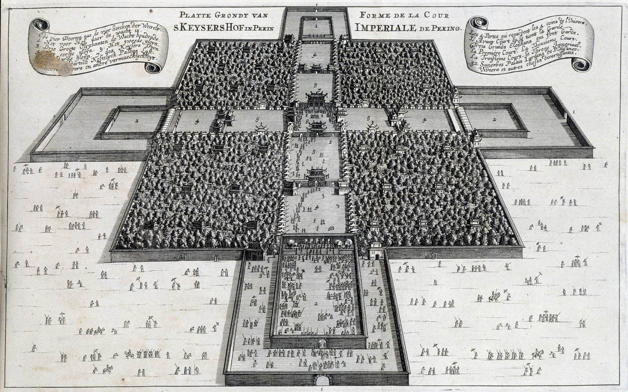 Kejserliga domstolen i Peking (förbjudna staden) - i "" Ambassaden för det östliga kompaniet i Förenade provinserna mot kejsaren av Kina eller Grand Cam of Tartaria"" av Pierre de Goyer och Jacob de Keyser, Leiden av Unknown artist