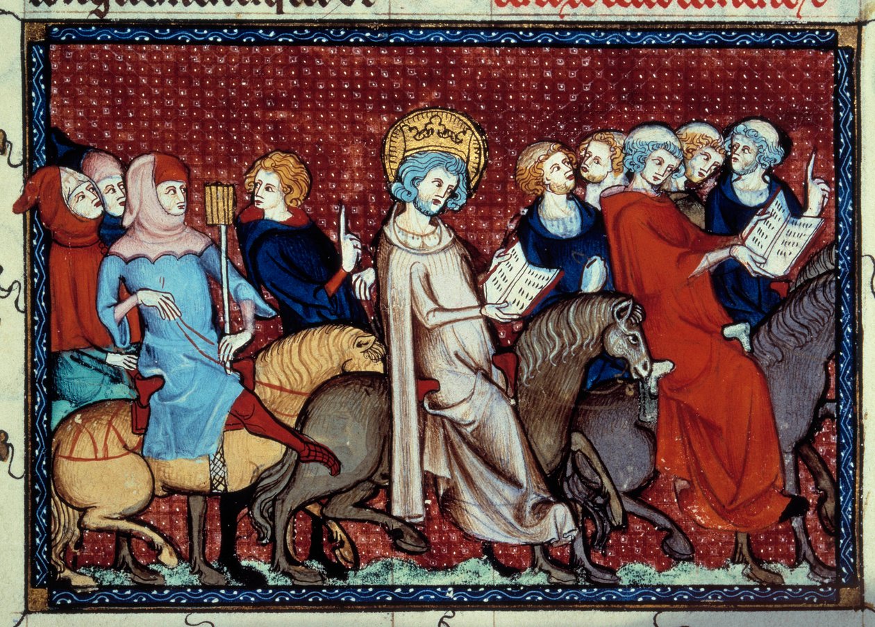 Kungen av Frankrike Ludvig IX (Saint Louis) (1214-1270) har berättat om sina timmar för sina miniatyrpräster från ett manuskript "Life and miracles of Saint Louis"" av William of Saint Pathus av Unknown artist