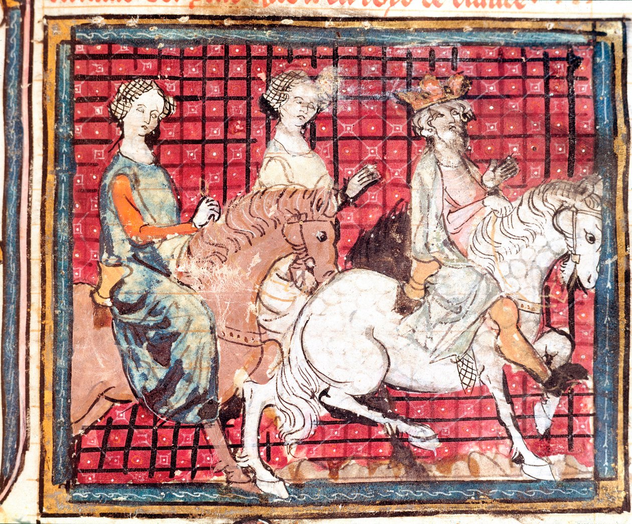 Kungen av francen Chilperic I (543-597) och Fredegonde en hästminiatyr från "" Grandes Chronicles de France"" 1375-1379 Stadsbibliotek, Castres av Unknown artist