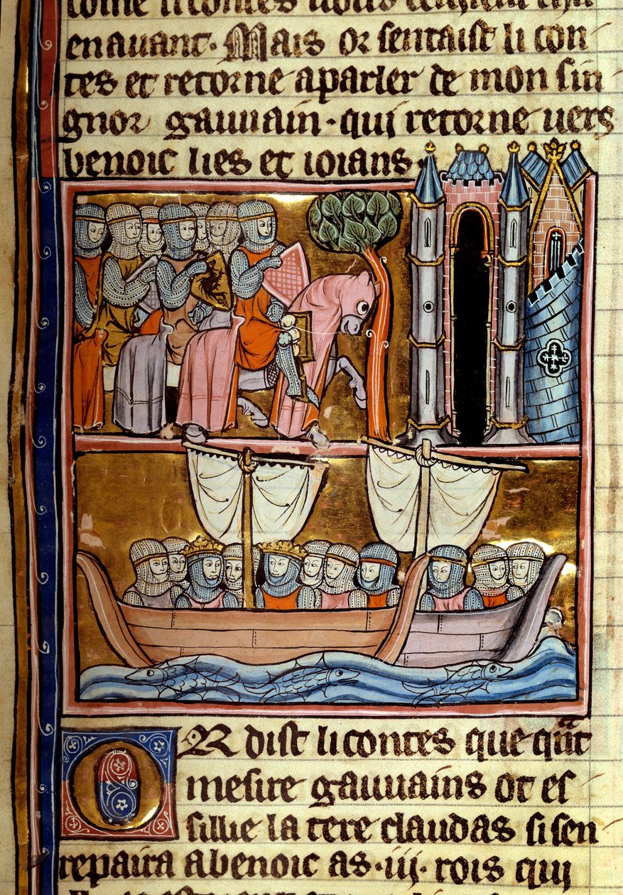 Riddarna lämnade till korståget. Miniatyr hämtad från "" La quete du Holy Grail et la mort du roi Arthur"" av Robert De Borron (ou Boron) (1147-1170) Omkring 1280 Paris, B.N. av Unknown artist