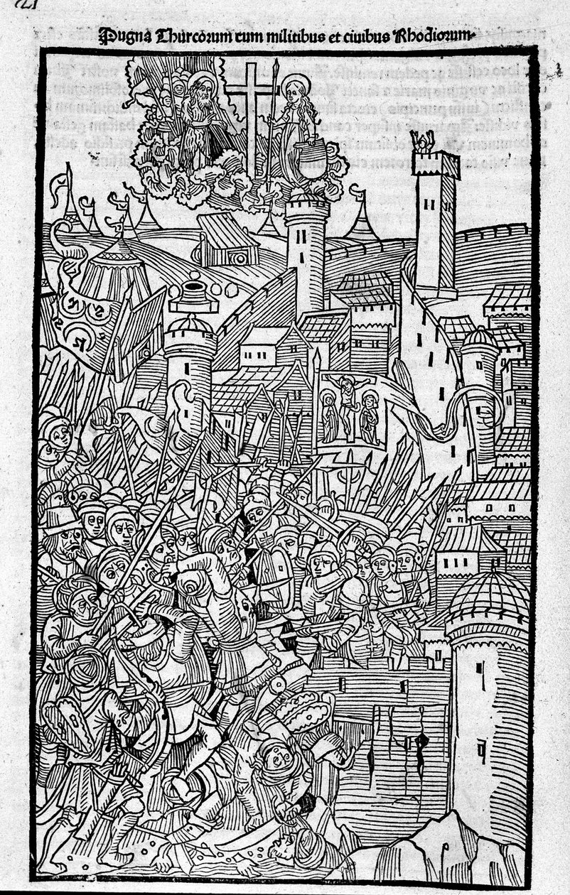 Riddarna av Rhodos (sjukhusorden av St. Johannes av Jerusalem) attackerar Rhode Island i "" Rhodiorum Historia"" av Guilelmus Caorsin, Ulmae, Joh. Reger 24 oktober av Unknown artist