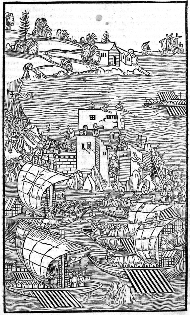Riddarna av Rhodos (sjukhusorden av St. Johannes av Jerusalem) attackerar Rhode Island i "" Rhodiorum History"" av Guilelmus Caorsin, Ulmae, Joh. Regeringen oktober av Unknown artist