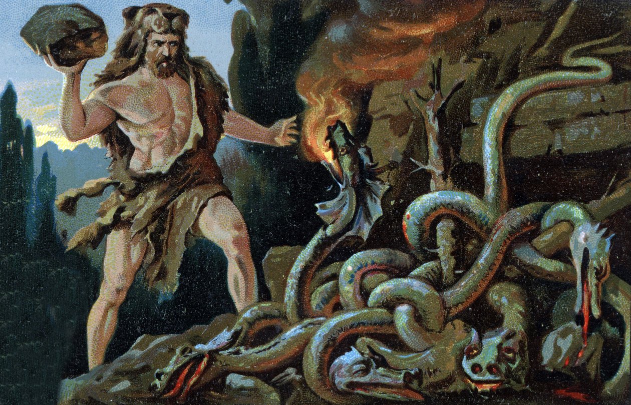 Herkules arbete: Herkules dödar hydran i Lerne, början av 1900-talet (chromo) av Unknown Artist