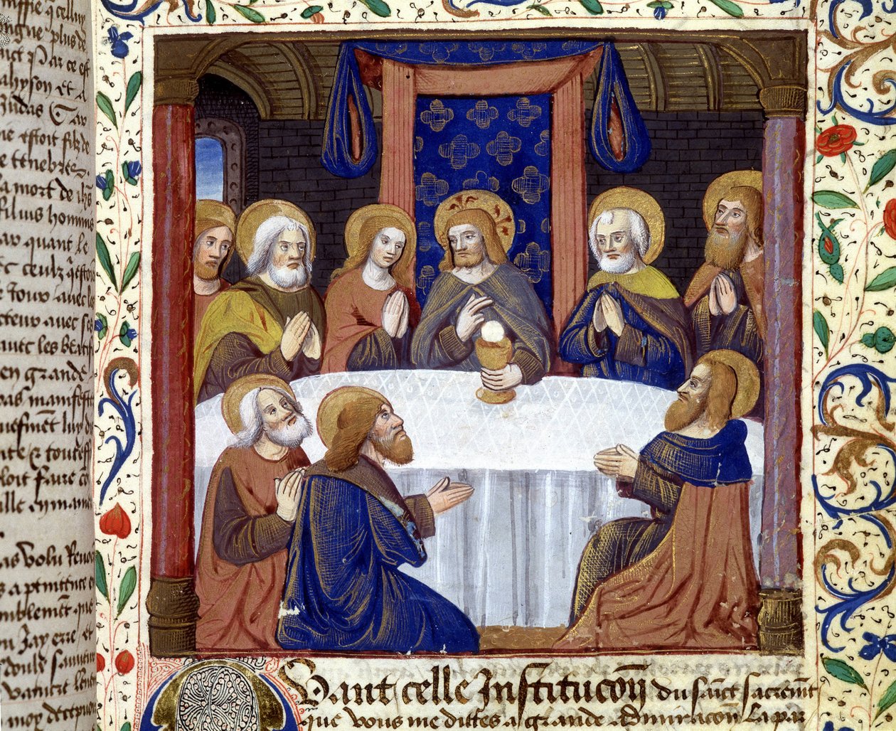 Sista måltiden. (Kristus omgiven av sina apostlar) - belysning av medeltiden, sd. av Unknown artist