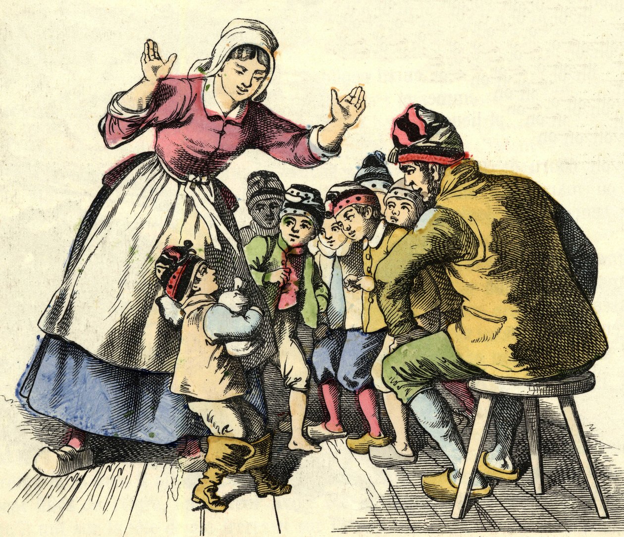 Lilla Poulet och hans bröder åker hem till sina föräldrar. Illustration av berättelsen "" Le Petit Poucet"" av Charles Perrault av Unknown artist