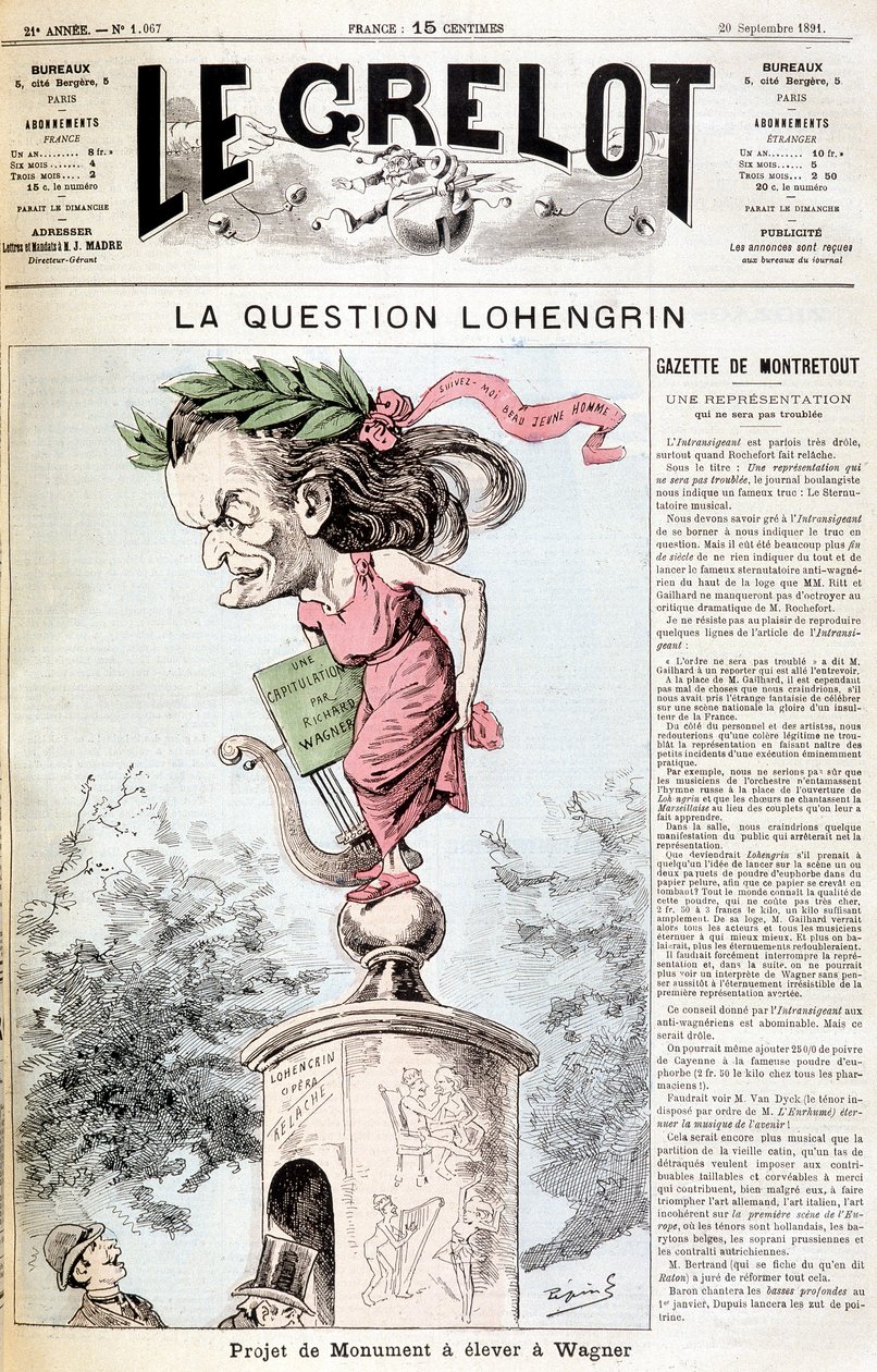 Lohengrin-frågan: Monumentprojekt som ska resas i Wagner - i "" Le Grelot"" av 1891-09-20 av Unknown artist