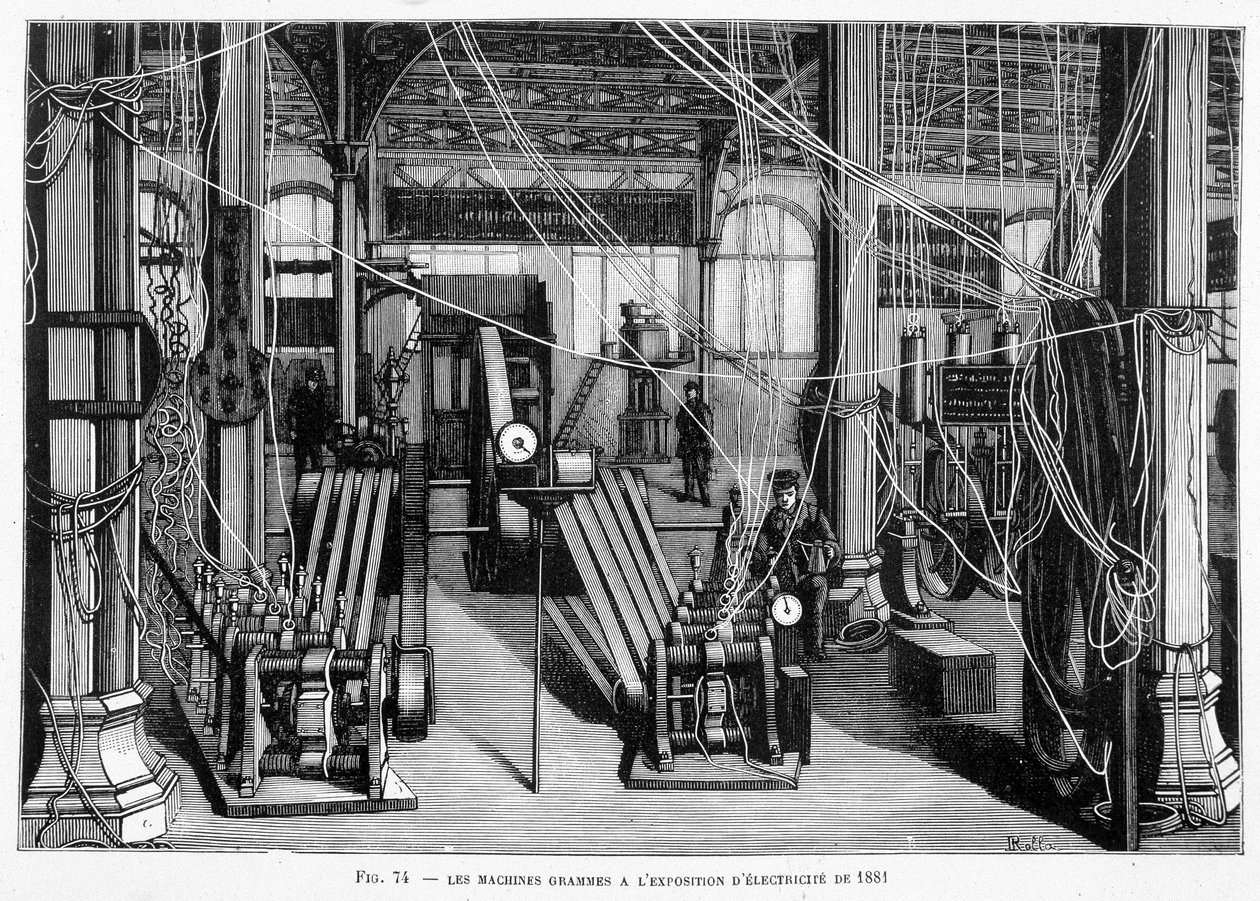 Machine Grams på 1881 års elutställning - i "" The New Conquests of Science"" av Louis Figuier. av Unknown artist