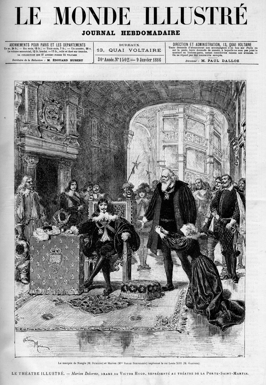 Markisen de Nangis (tolkad av Dumaine) och Marion (av Sarah Bernhardt) bönfaller kung Ludvig XIII (Garnier). Teaterstycket "" Marion Delorme", drama av Victor Hugo (1802-1885) föreställs på teatern vid dörren till Saint Martin efter att ha blivit förbjuden av Unknown artist