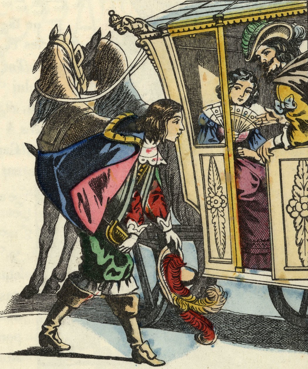 Markisen av Carabas hälsar kungen och prinsessan välkomna i sin vagn. Illustration av berättelsen "The cat botte" av Charles Perrault av Unknown artist