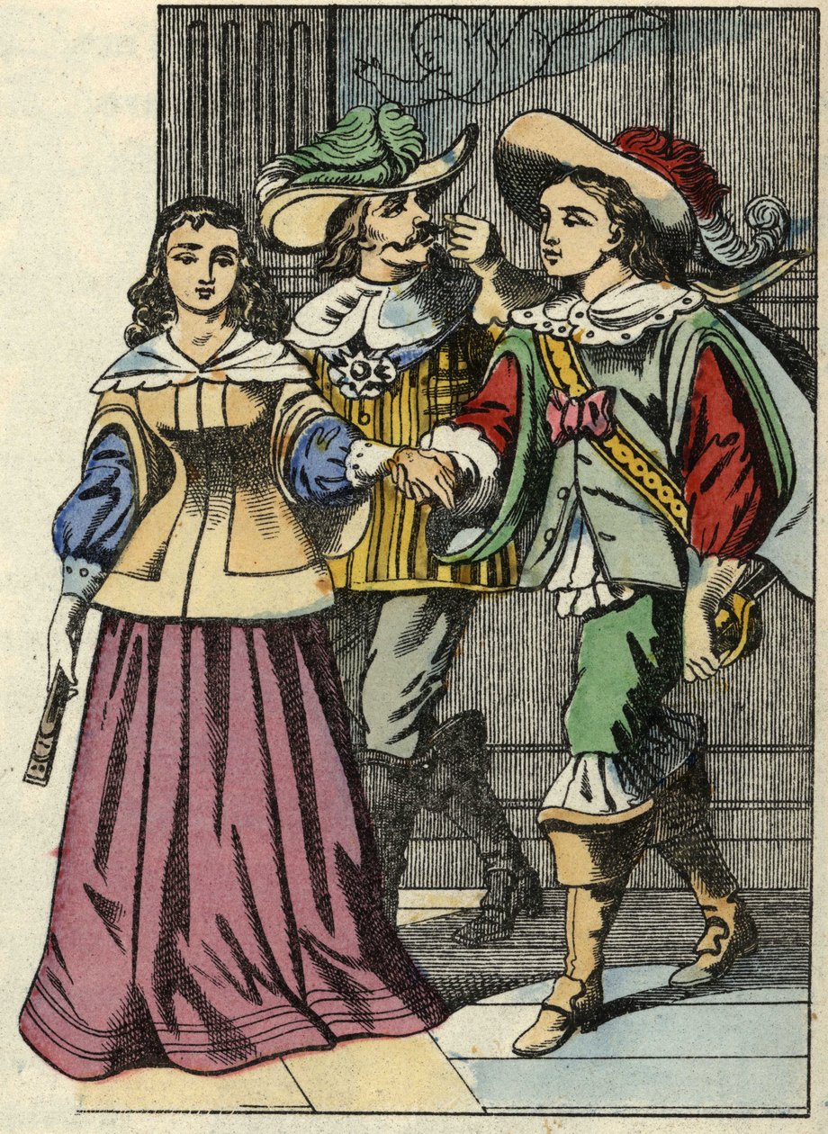 Markisen av Carabas, prinsessan och kungen i slottet. Illustration av berättelsen "The cat botte" av Charles Perrault av Unknown artist