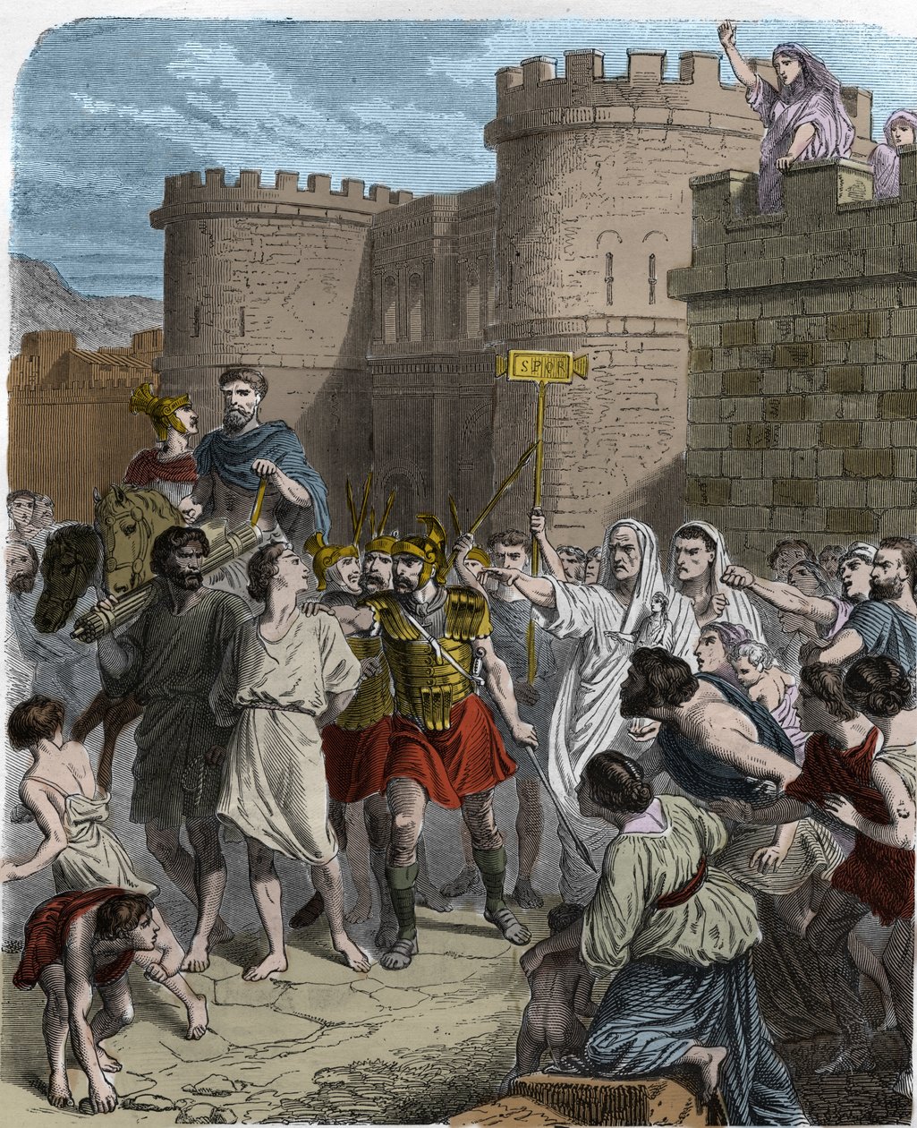 The Martyrdom of St. Symphorian - Martyrium of St. Symphorian runt år 180 (San Sempronio martire) (Symphorianus, Symphorien). En man i folkmassan som viftar med en skylt med inskriptionen S.P.Q.R (SPQR) (Senatus Populusque Romanus) - i "Histoire des popes" av Unknown artist