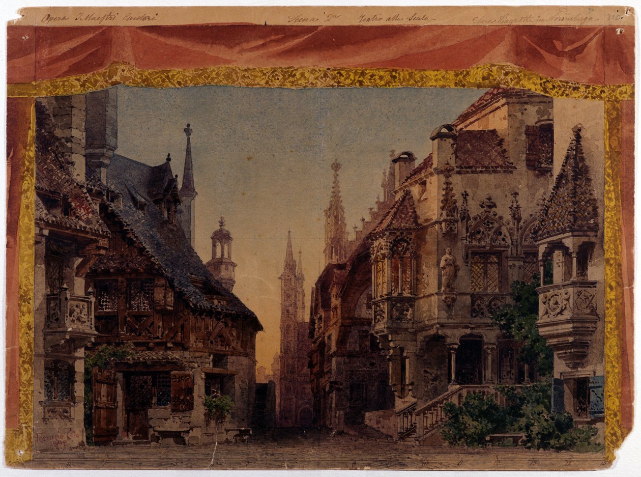 The Meistersinger von Nurnberg (Les Meistersinger de Nuremberg), WWV 96, opera av Richard Wagner skapad 1868. Scenografi av Ferrario för La Scala i Milano av Unknown artist