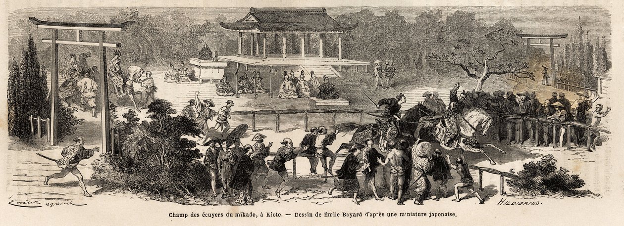 Mikado (kejsaren av Japan) godsägarefält i Kioto (eller Kyoto), tränings- och träningsbana för kejserliga hästar. Gravyr för att illustrera resan till Japan, 1863-1864, av Aime Humbert, minister för Schweiziska edsförbundet, i "Le tour du monde, nouveau av Unknown artist