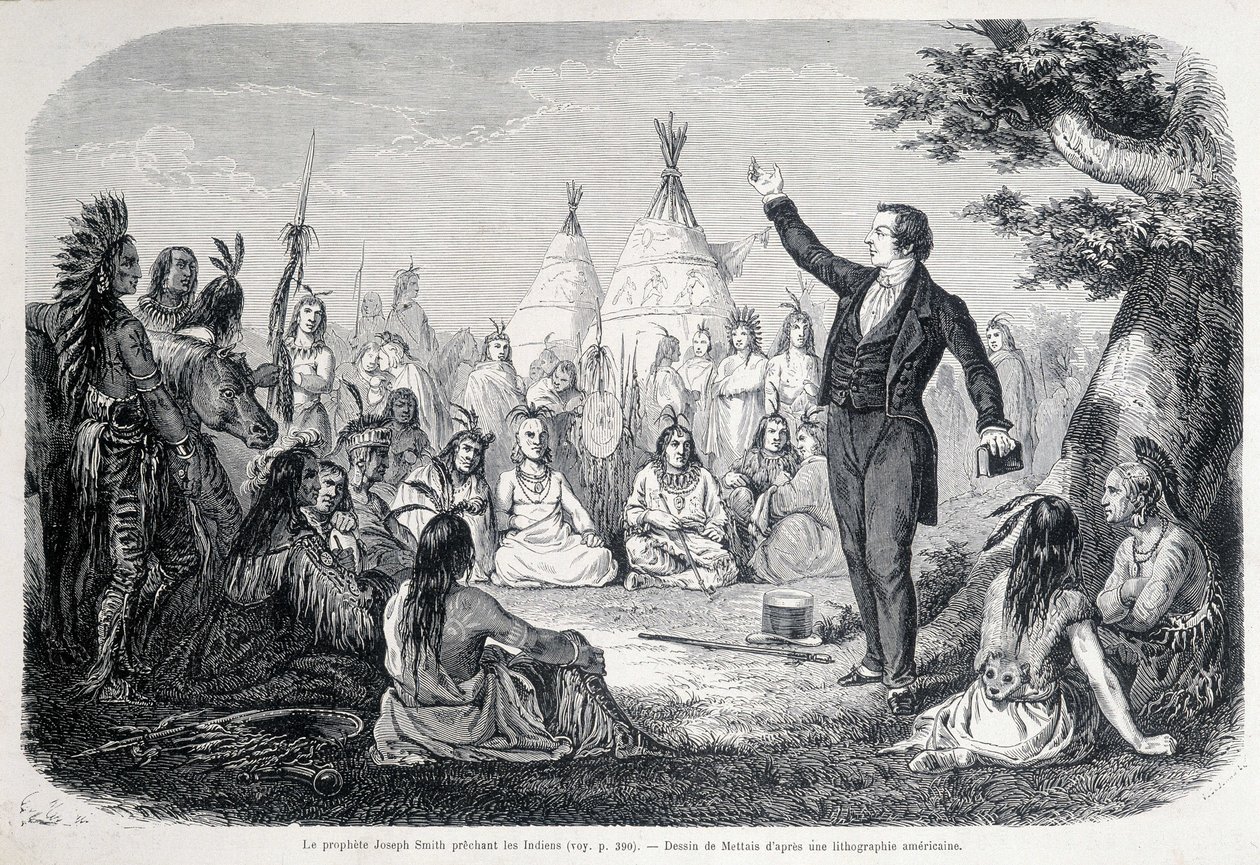 Mormonprofeten Joseph Smith predikar för indianerna (Nordamerika). 1800-talsillustration. av Unknown artist
