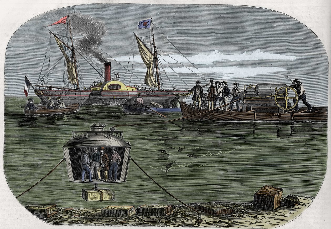 Dr. Antoine Prosper Payernes dykarklocka "Nautilus" experimenterade i Seine i Paris och perfekterades sedan i USA. Gravyr (1858) i Le "" Monde illustrious"". av Unknown artist