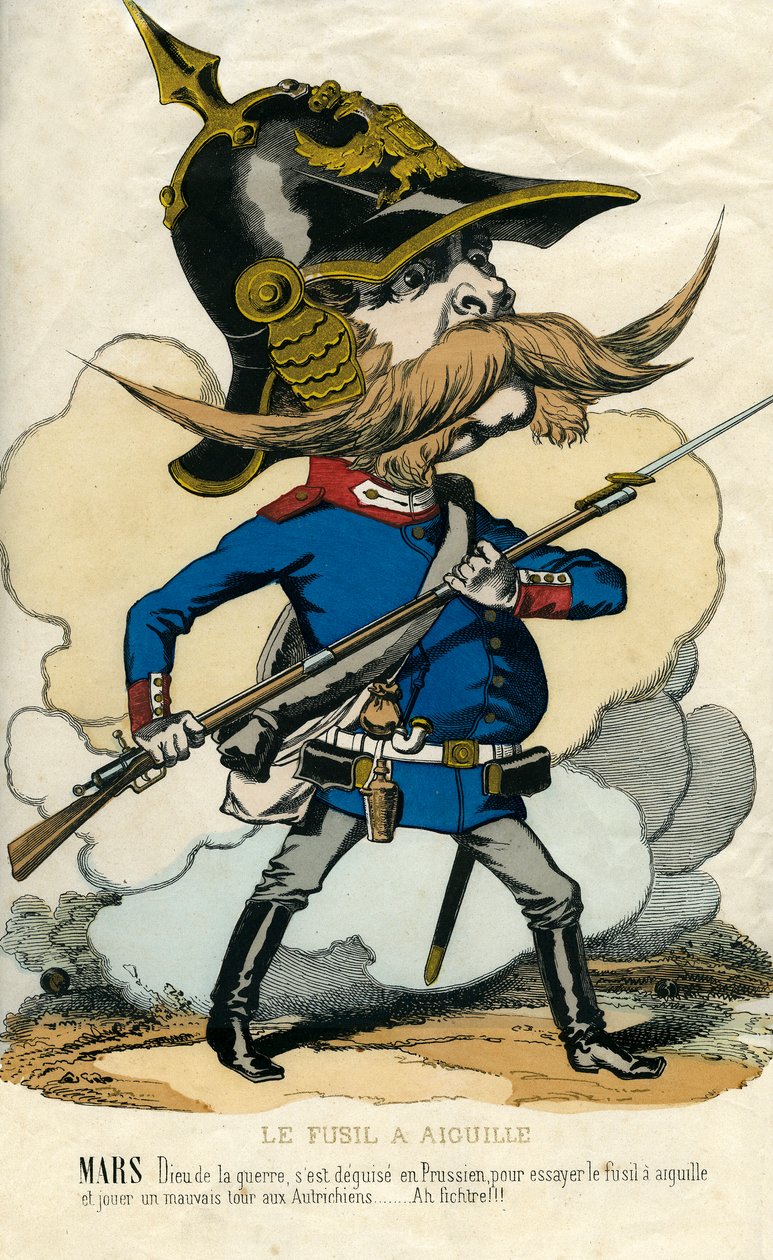 Nålgeväret - Porträtt av Otto Von Bismarck (1815-1898) Preussens förbundskansler - Mars, krigsguden, gjorde sig själv besviken som preuss för att prova nålgeväret och spela österrikarna ett dåligt trick... Karikatyr av Unknown artist