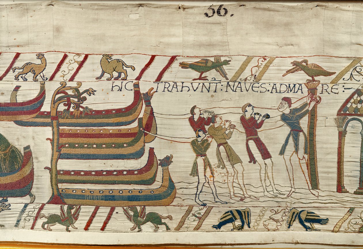 Normanderna drar sina skepp till havet, Bayeux Tapestry (ullbroderi på linne) av Unknown artist