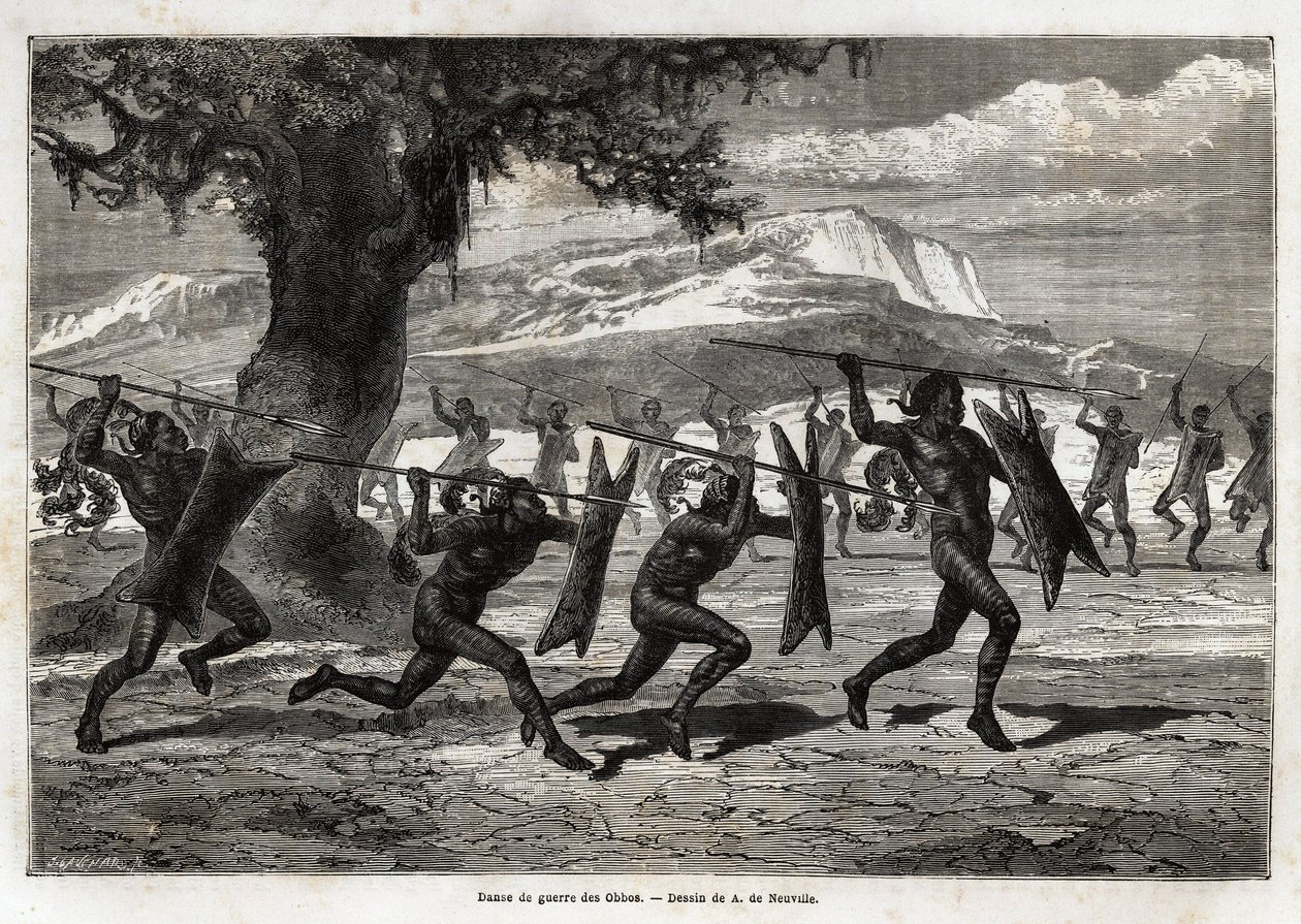 Obbos (stam av Uganda) utför en krigsdans. Gravyr för illustration av resan till Lake Albert, 1861-1864, av Sir Samuel White Baker, i "Le tour du monde, nouveau journal des voyages"" publicerad under ledning av Edouard Charton av Unknown artist