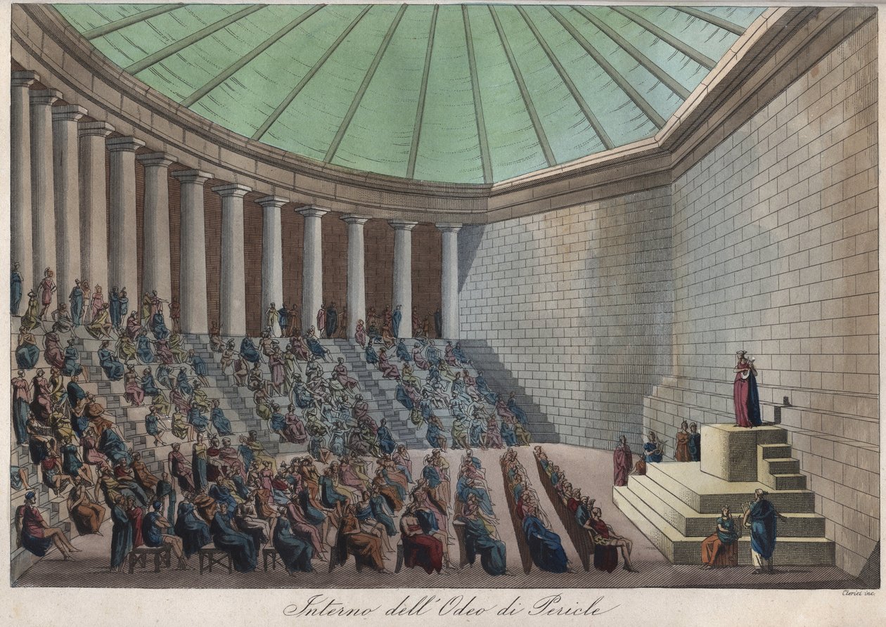 Odeon av Aten eller Odeon av Perikles i Aten - gravyr från "" Seder och traditioner för alla folk i universum. Det vill säga historien om regeringen, om lagarna, om milisen, om religionen för alla nationer från de mest avlägsna tiderna till våra dagar "1 av Unknown artist