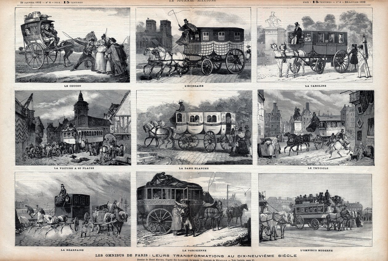 The Omnibus of Paris: deras förvandlingar på 1800-talet: göken - den skotska - den Carolina - bilen har 60 platser - den vita damen - trycicle - Bearnaise - den parisiska - den moderna omnibussen av Unknown artist