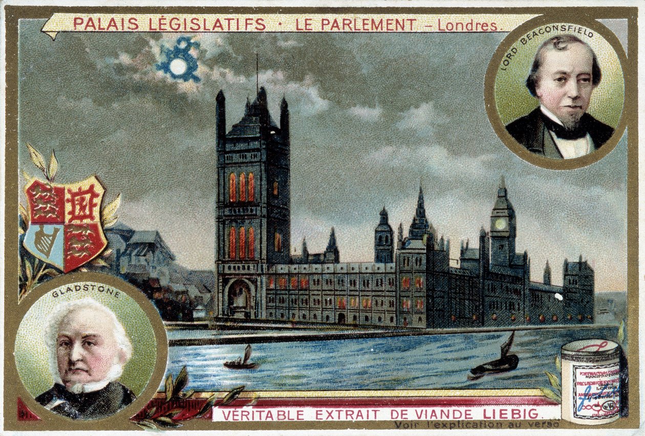 The Palace of Westminster, eller Parliament of London (England), med porträtt av William Ewart Gladstone (1809-1898) och Benjamin Disraeli, Lord Beaconsfield (1804-1881) - Liebig-kromolitografi av Unknown artist