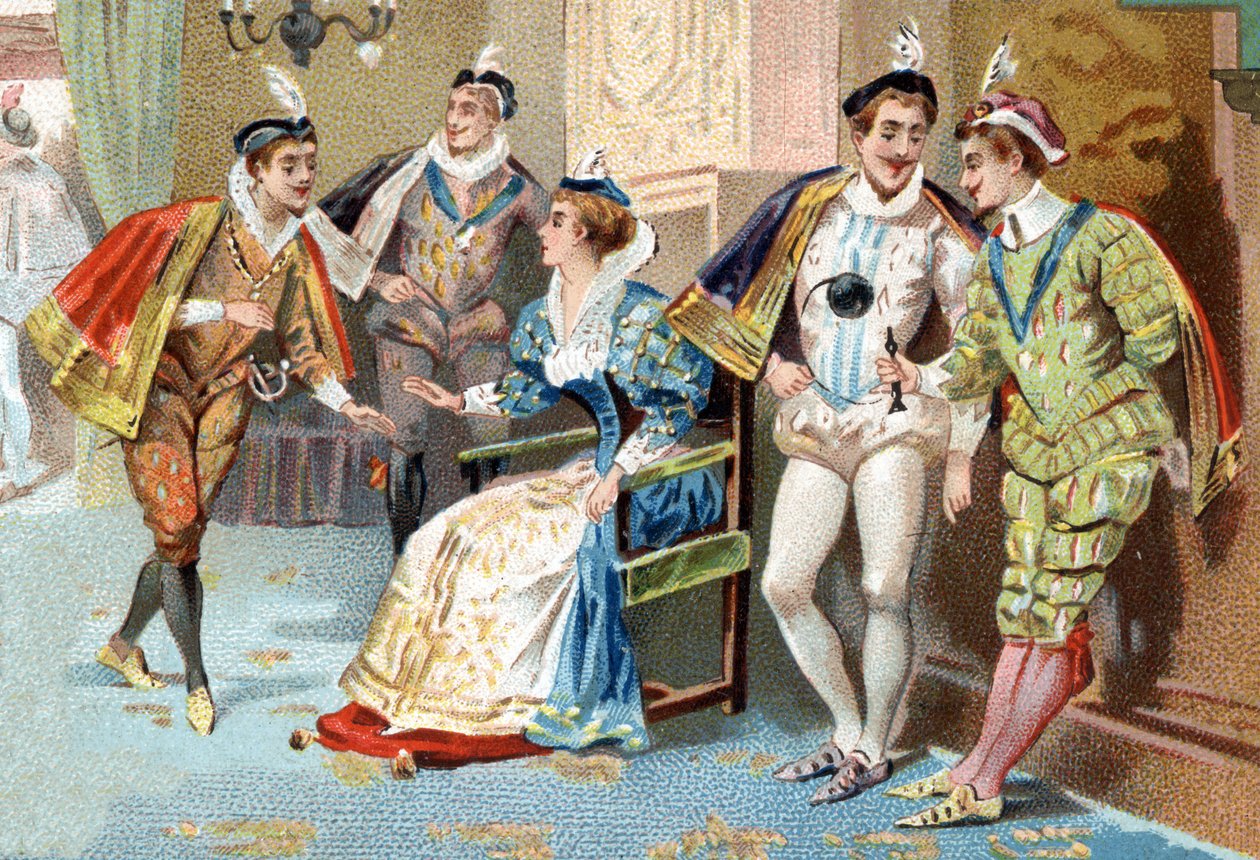 Palais du Louvren under Henrik III:s regeringstid (1500-talet): unga män från kungens hov. Kromolitografi i slutet av 1800-talet. av Unknown artist