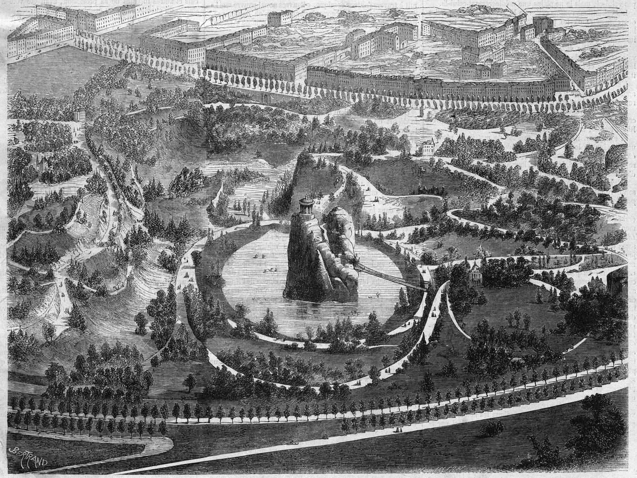 Parc des Buttes Chaumont (Buttes-Chaumont), en offentlig trädgård i Paris 19:e arrondissement byggd under initiativ av Napoleon III, skapad av Baron Haussmann (Georges Eugene Haussmann) av Unknown artist