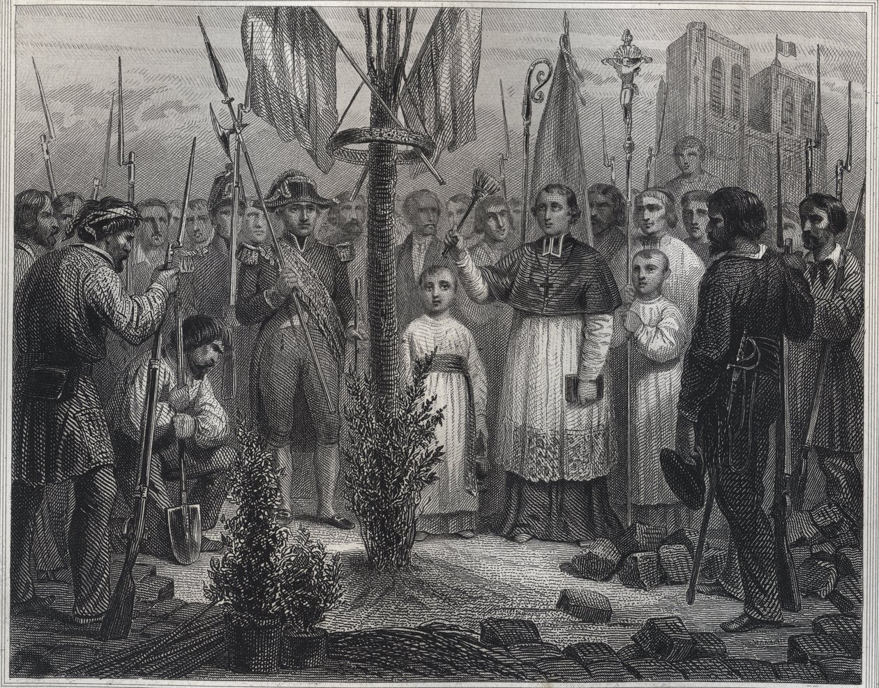 Planteringen av ett frihetsträd under revolutionen (Liberty pole) - Planteringen av ett frihetsträd (poppel) i Frankrike under den franska revolutionen - Gravyr i "Les Fastes Populaires, ou Histoire des acts heroiques du peuple et de son influence av Unknown artist
