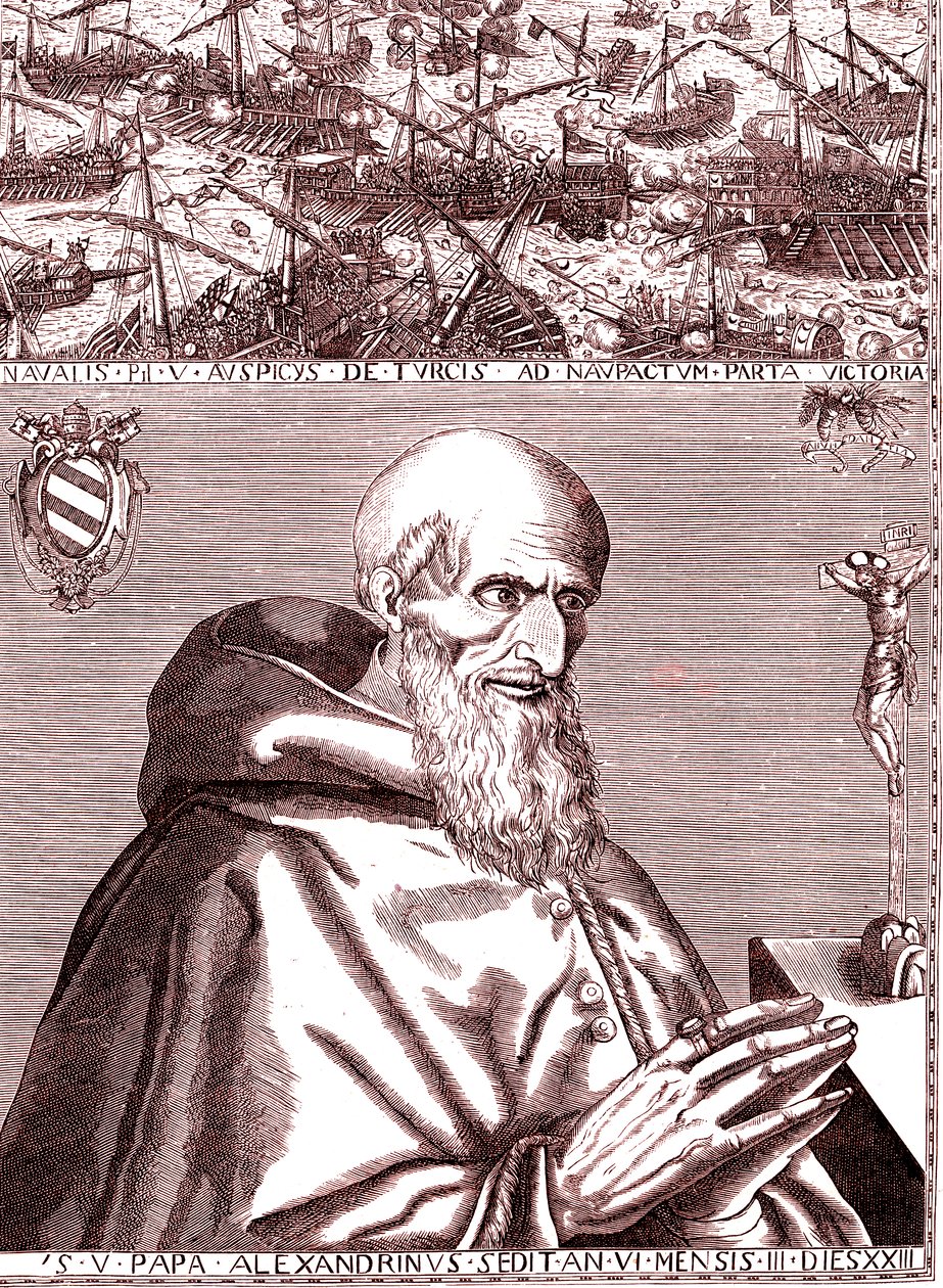 Påven Pius V slöt allians med den spanska flottan och Venedigs italienska flotta mot turkarna i slaget vid Lepante i oktober 1571 av Unknown artist