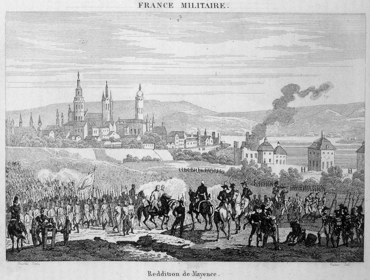 De preussiska trupperna övertog från fransmännen staden Mainz (eller Mainz) i Tyskland, juli 1793. Gravyr från 1800-talet. av Unknown artist