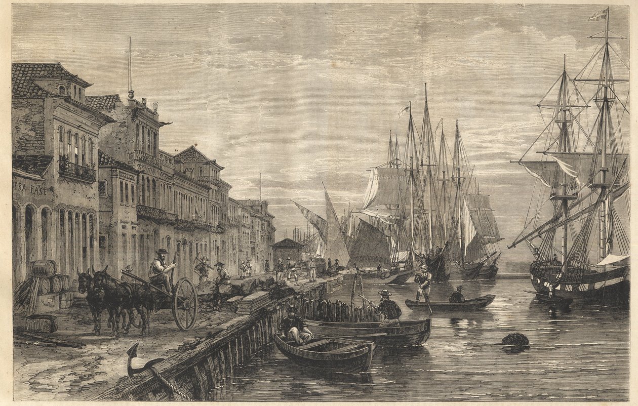 Kajen i Boa Vista, vid San Pedro de Rio Grande do Sul, en hamn i Brasilien - Le quai de Belle-Vue, en San Pedro de Rio Grande (Brasilien) - Kaptenskap i Sao Pedro do Rio Grande do Sul - Gravyr från " "Det lysande universum"" 1866 av Unknown artist