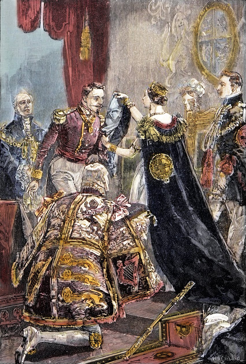 Drottning Victoria ger Fransmännens kejsare Strumpebandsorden på Windsor Castle av Unknown artist