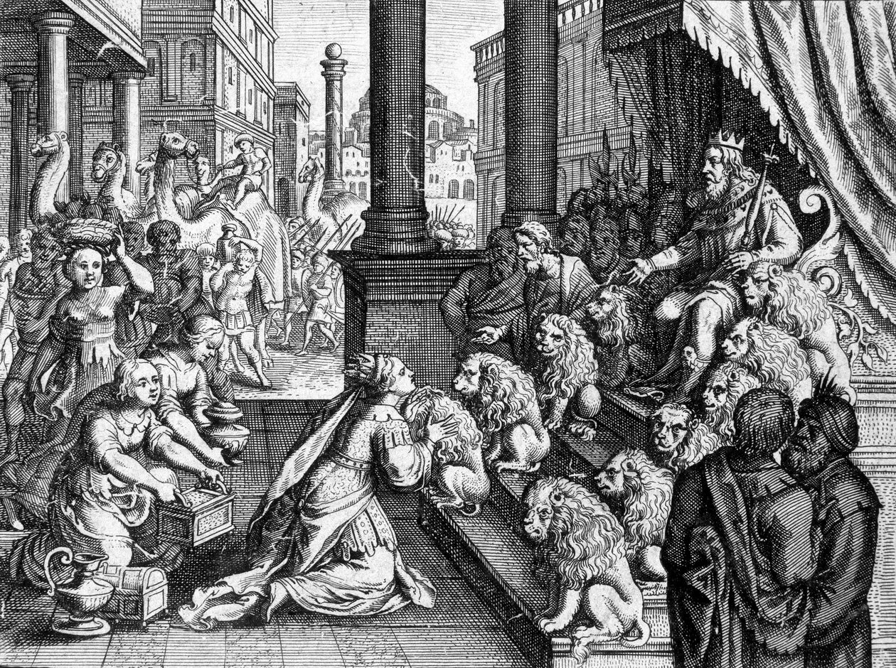 Drottningen av Saba före kung Salomo - gravyr från en 1600-talsbibel av Unknown artist