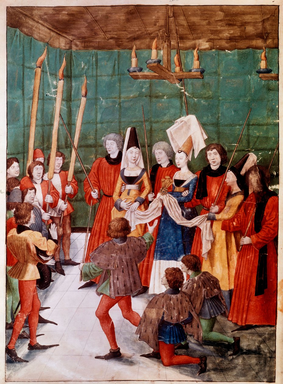 Drottningen överlämnar priset till vinnaren av miniatyrturneringen från manuskriptet ms. 2695 "The Book of Tournaments of Rene d