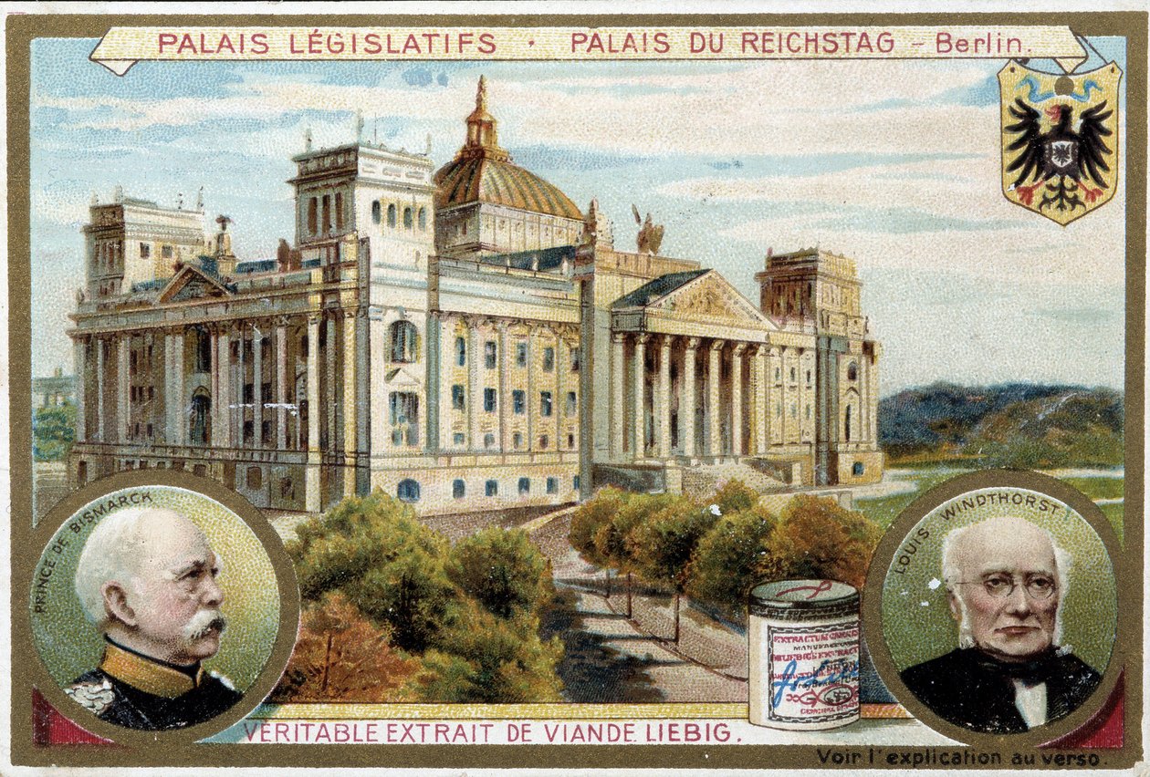 Riksdagspalatset i Berlin och porträtt av Bismarck och Windthorst - reklametikett Liébig, v.1900 av Unknown artist