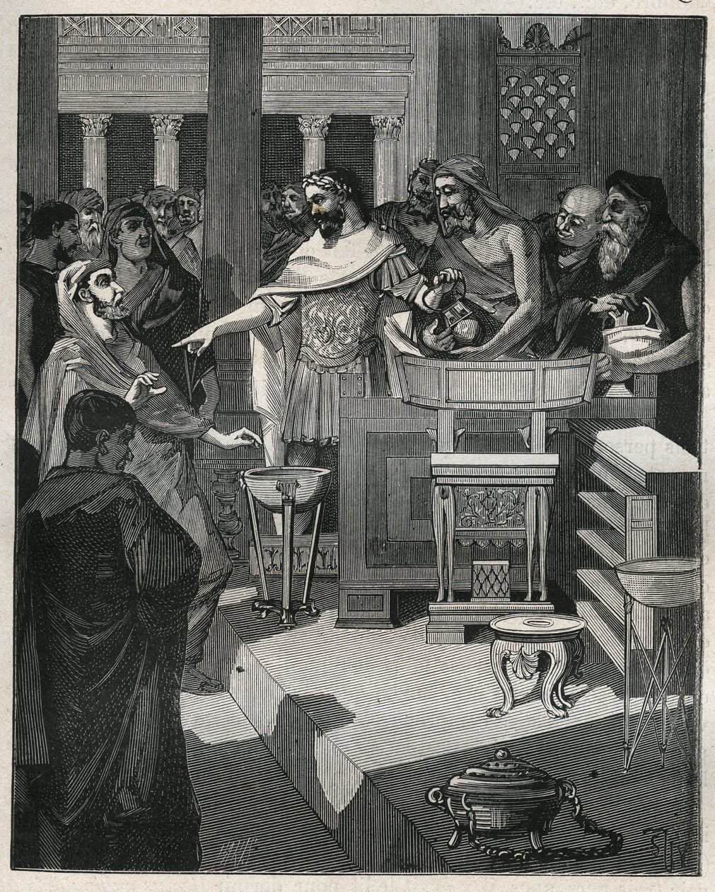 Den romerske kejsaren Caligula (12-41) i en brocanter i romerska Gallien. Gravyr från 1885 i "" Les arts et metiers illustres"" av Adolphe BITARD. av Unknown artist
