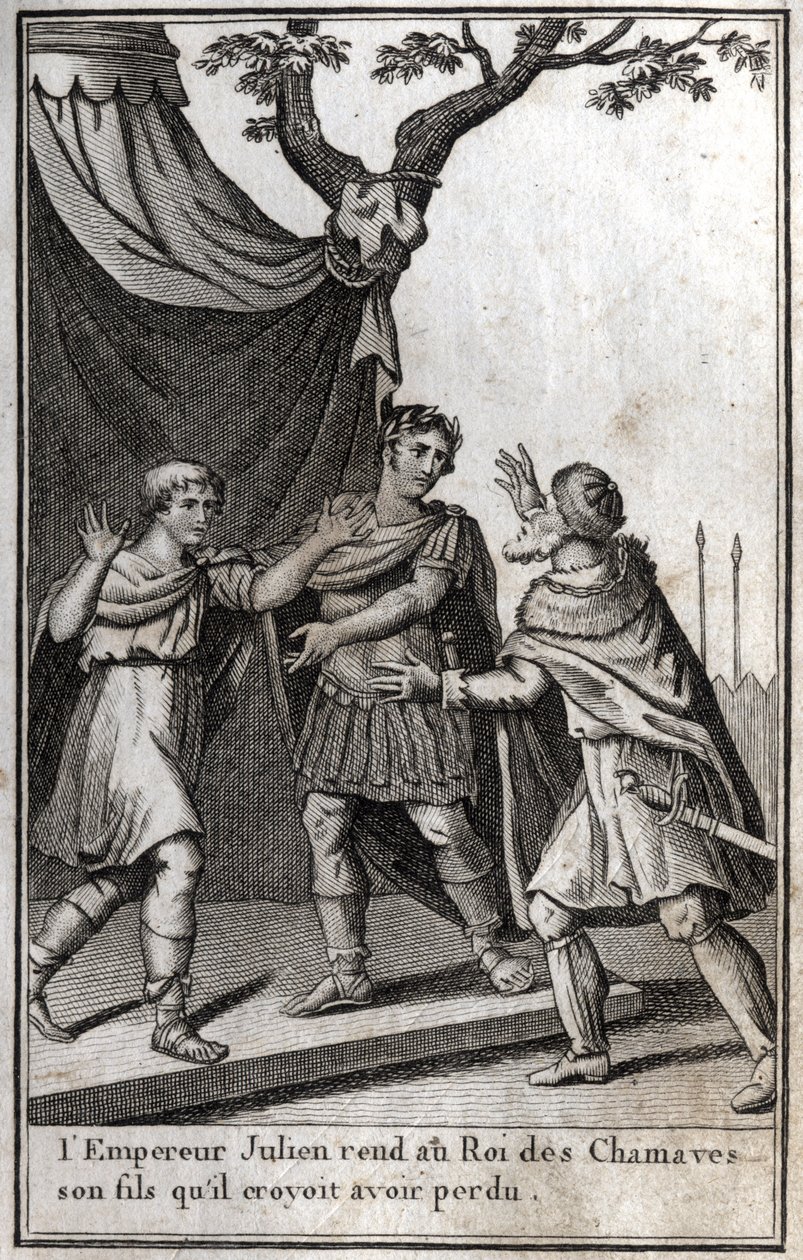 Den romerske kejsaren Julianus (Flavius Claudius Julianus, Julianus avfällingen, Julianus filosofen, Julianus II) (332-363) ger tillbaka till kungen av det germanska folket i Chamaves sin son som han trodde att han hade förlorat. 4:e århundradet. Gravyr i  av Unknown artist