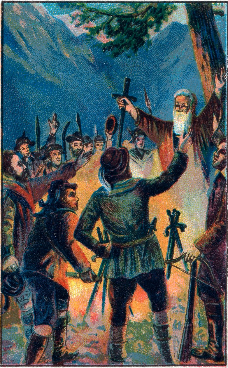 Rutlischwur (Rutlis ed) - den legendariska eden från det gamla schweiziska konfederationen - De tre schweiziska konfederationen svär trohet till Ruetli - Le Oath du Grutli (Rutlischwur) (Patto del Grutli) grundande myten om Schweiz 1307 Kromolitografi av s av Unknown artist