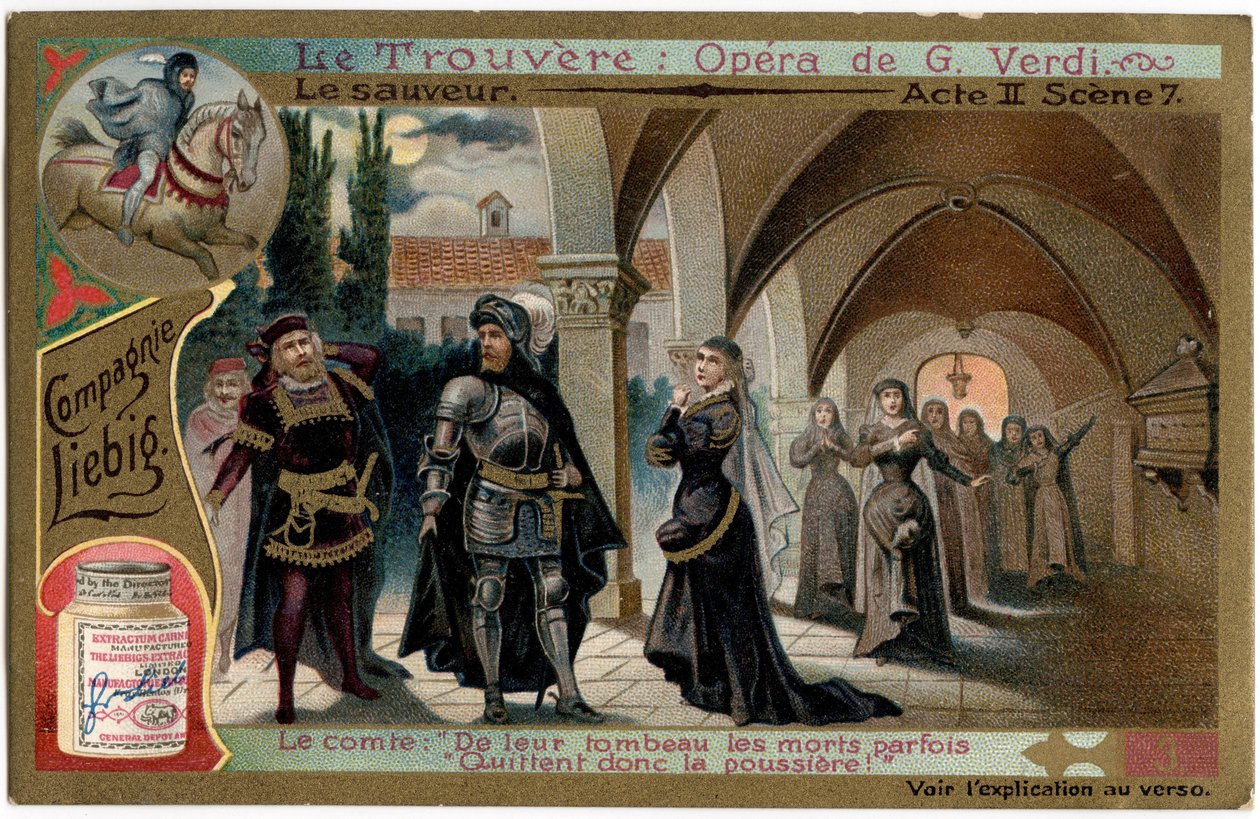 Save Act II-scenen 7. Illustration till operan "" Fyndet"" (Il trovatore) av Giuseppe Verdi (1813-1901). Kromolitografi (Chromo) Liebig från slutet av 1800-talet. av Unknown artist