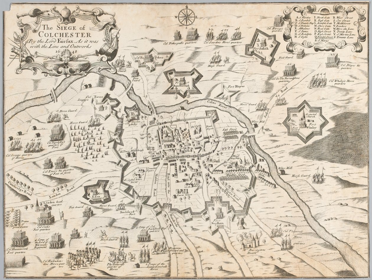 The Siege of Colchester av Lord Fairfax, som det var med linjen och outworks 1648 (gravyr) av Unknown artist