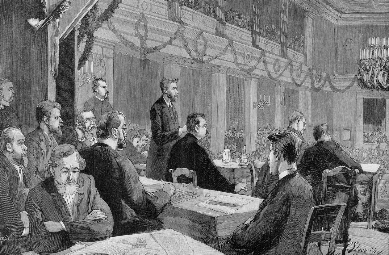 Socialistkongressen i Halle (Sachsen) 1890 i närvaro av August Bebel, gravyr 1890. av Unknown artist