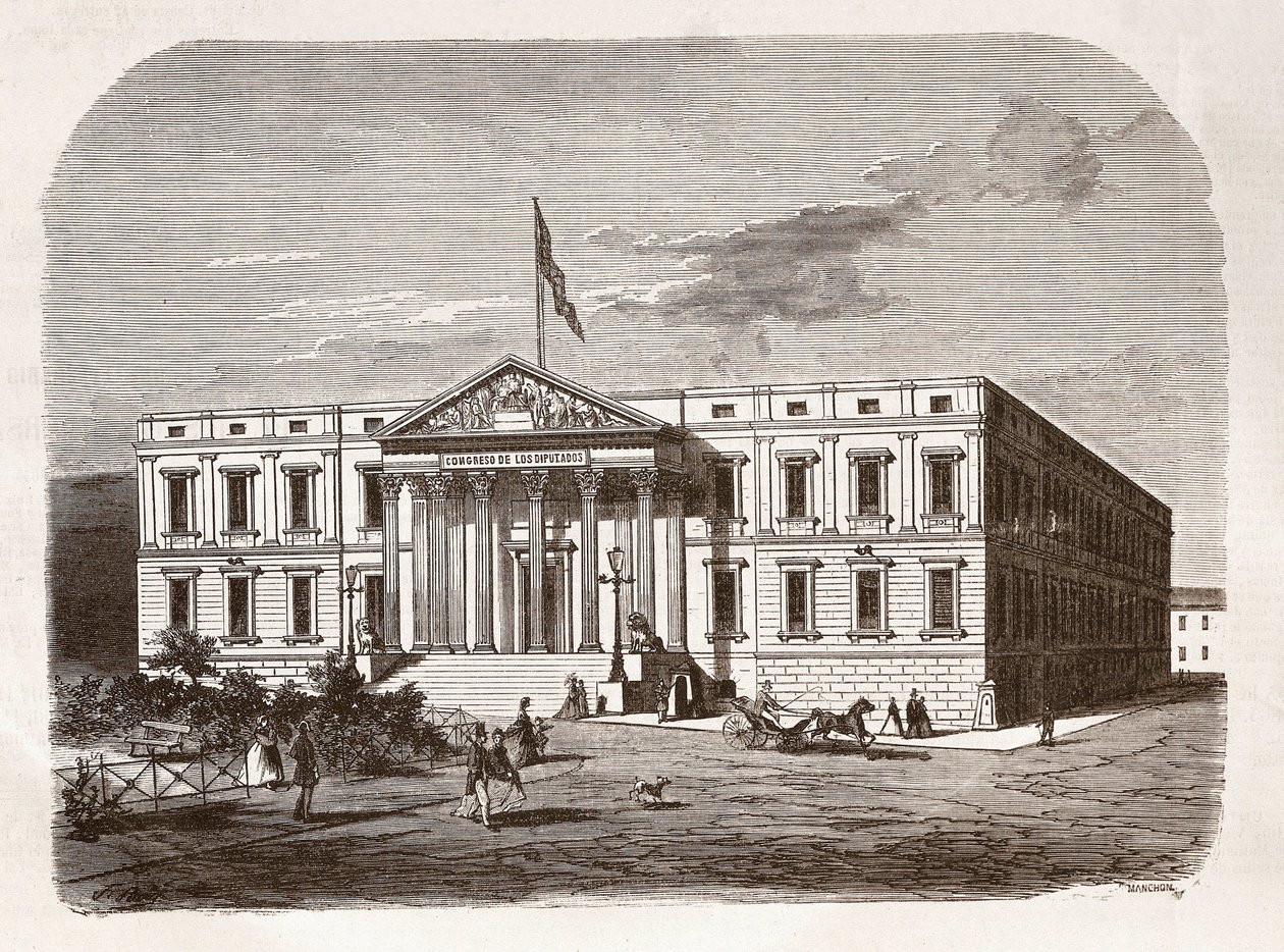 Spanska parlamentet (Congresso de los diputados), Madrid. Gravyr 1800-talet. av Unknown artist