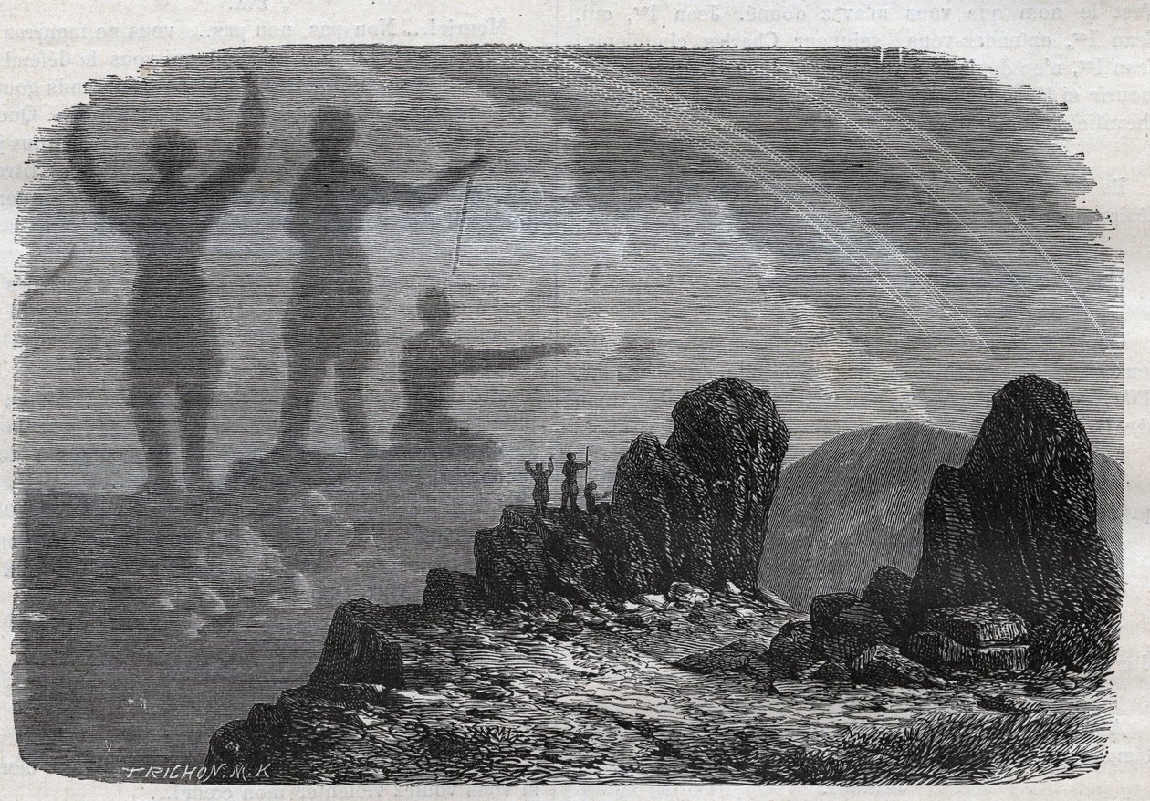 The Spectre of the Brocken in the Harz Mountains - Brocken spectrum eller Brocken spectrum - gravyr från 1877 av Unknown artist