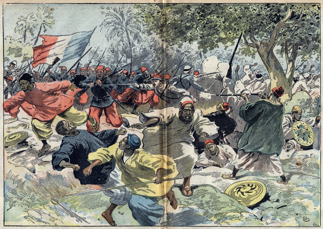 De sudanesiska trupperna i Samory Toure (cirka 1835-1900) placerades bakom floden Cavalbyflodens strand av en fransk koloni under löjtnant Walfel. Sudan, 9 september 1898. Illustration i "" Le Pelerin"" den 9 oktober av Unknown artist